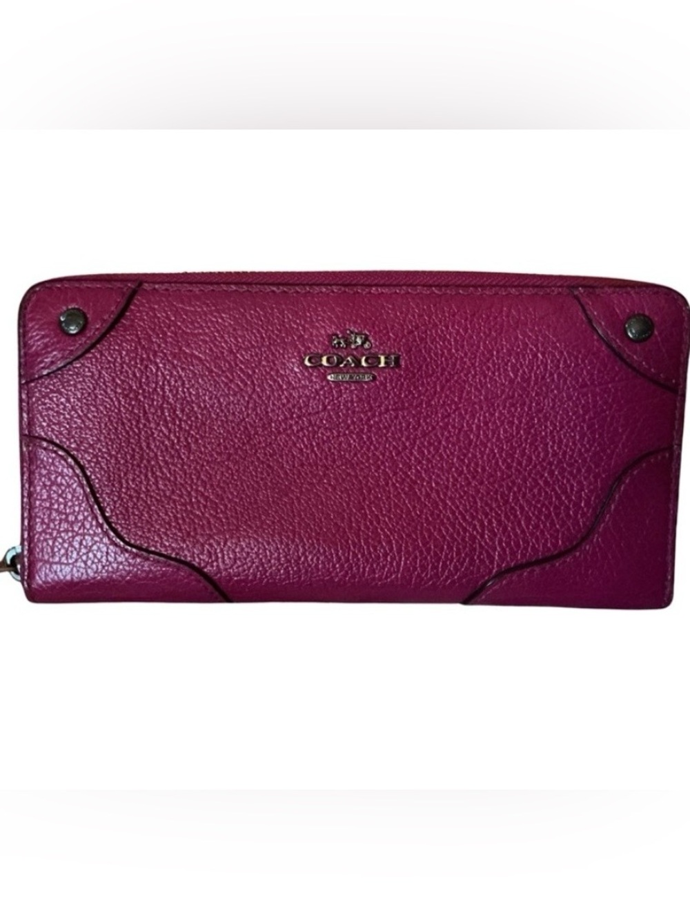 Coach Mickie Zip Accordion Textured Grain Pink Fuchsia Leather Wallet